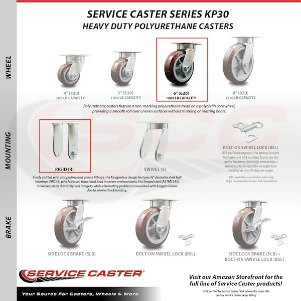 Service Caster 6 Inch Polyurethane Wheel Rigid Caster with Roller Bearing SCC-30R620-PPUR - main